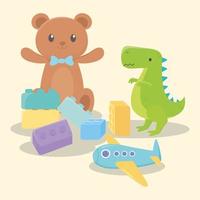kids toys object amusing cartoon dinosaur teddy bear plane and blocks vector