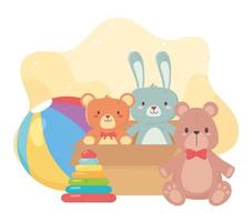 kids toys box with cute bears rabbit ball and pyramid object amusing cartoon vector