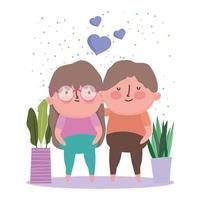 feliz día de los abuelos, abuelo abuela abrazando personaje de dibujos animados plantas en macetas vector