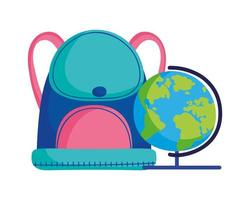 regreso a la escuela educación mochila y mapa del mundo geografía vector