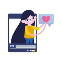 Jovencita en la pantalla del teléfono inteligente mensaje romántico en las redes sociales vector