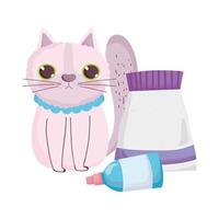 sad cat sitting with food and medicine pets vector