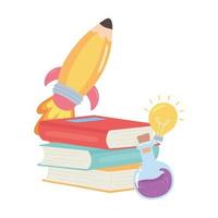 back to school, books test tube rocket education cartoon vector