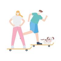 personas con mascarilla médica, pareja en patines con perro mascota, actividad en la ciudad durante el coronavirus vector