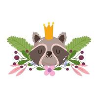Lindo mapache animal con corona de flores follaje decoración de la naturaleza cartoon