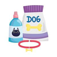 paquete de comida collar de perro y botella veterinaria para mascotas gato vector