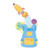 back to school, backpack rocket and planets education cartoon vector