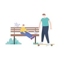 personas con mascarilla médica, niño montando patines y hombre sentado en un banco, actividad de la ciudad durante el coronavirus vector
