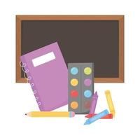 back to school, chalkboard notebook and crayons education cartoon vector