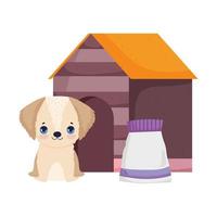 dog sitting in house with food package pets vector