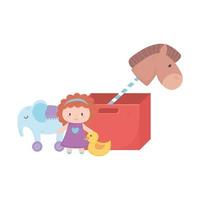 juguetes para niños objeto caja de cartón de dibujos animados divertidos con caballo muñeca elefante y pato vector