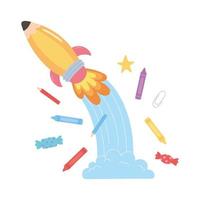 regreso a la escuela, crayones, lápices y dibujos animados de educación de cohetes vector