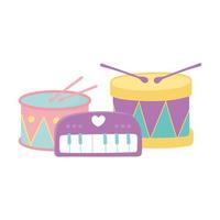 kids toys drums piano and car object amusing cartoon vector