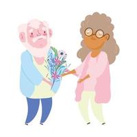 happy grandparents day, old grandfather giving flower to grandma cartoon vector