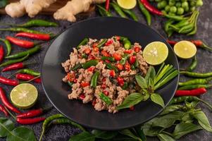 Stir-fried pork basil with vegetables photo