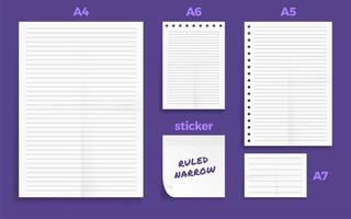 Set of crumpled four standard blank lined series narrow ruled paper set vector