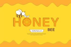 Paper cut style bee with honeycombs. Template design for beekeeping and honey product. vector