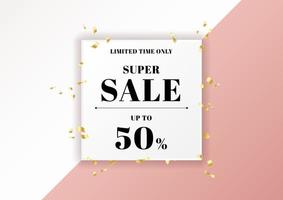 Sale banner pink background and gold ribbon elements with white square frame space for your text. vector