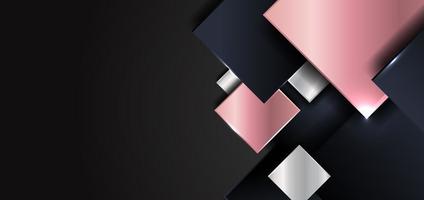 Abstract geometric square shape shiny pink gold, silver, dark blue color overlapping with shadows on black background vector