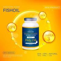Fish oil ads template, omega-3 softgel with its package. Orange background. 3D illustration.