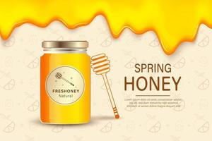 Farm honey. Ad placard template with realistic honey, healthy organic food farm products packaging background. Farm honey, food sweet organic, beekeeping natural illustration vector