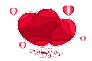 Happy Valentines Day greeting card. 3d paper cut heart concept design background. Vector illustration. Paper carving heart shapes with shadow. February 14.