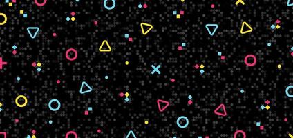 Abstract colorful geometric hipster pattern elements on black mosaic background and retro 80's texture.