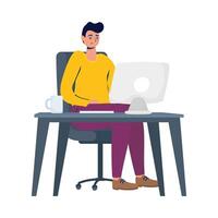 young man working with desktop on desk vector