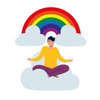 elegant business man with lotus position in cloud with rainbow vector