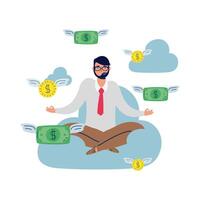 elegant business man with lotus position in cloud and money flying vector