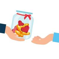 charity donation jar with hearts and coins vector