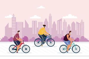 young people riding bicycles wearing medical masks in the city vector