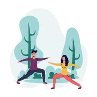 young couple practicing exercises characters vector