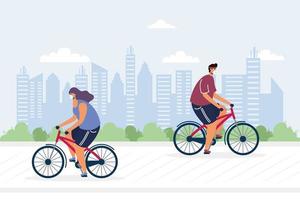 young couple riding bicycle wearing medical masks vector