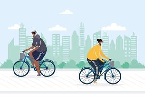 young couple riding bicycle wearing medical masks vector