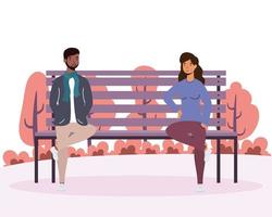 interracial young couple lovers in the park chair avatars characters vector