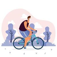 joven, llevando, médico, máscara, en, bicicleta vector