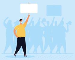 man wearing medical mask protesting with placard vector