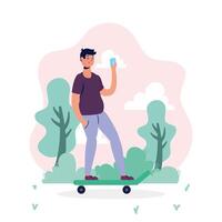 young man using smartphone on skateboard vector