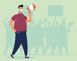 man wearing medical mask protesting with megaphone vector