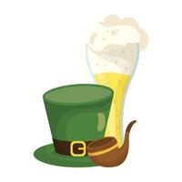 Celebración de San Patricio cerveza en vaso con sombrero de duende y pipa vector