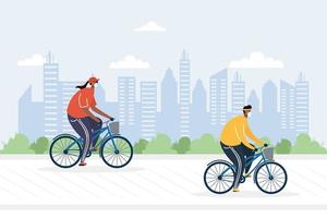 young couple riding bicycle wearing medical masks vector