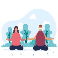 young couple wearing medical masks practicing yoga vector