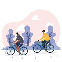 African young couple wearing medical masks in bicycles vector