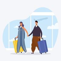 young couple travelers with suitcases avatars characters vector