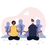 African young couple wearing medical masks practicing yoga vector