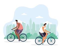 young men riding bicycle wearing medical mask vector