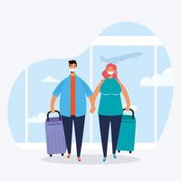 young couple travelers with suitcases avatars characters