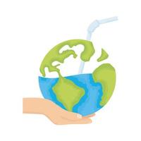 hand lifting world planet earth with straw water day icon vector