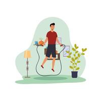 man practicing jump rope sport activity in the house vector